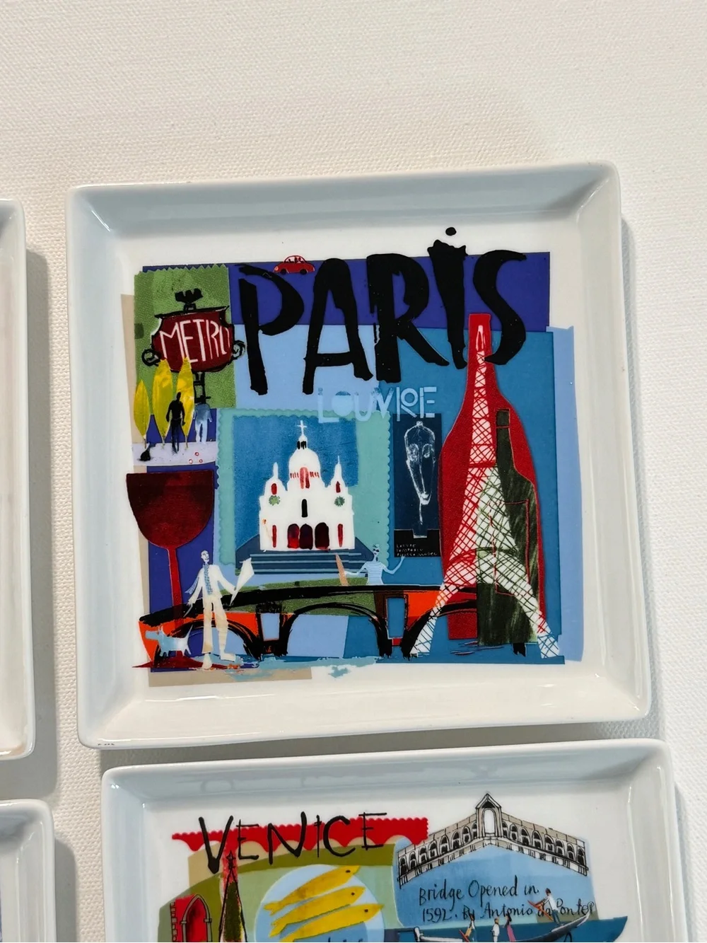 Set of 6 Square Crate & Barrel Travel Canape Plates ~ World Cities